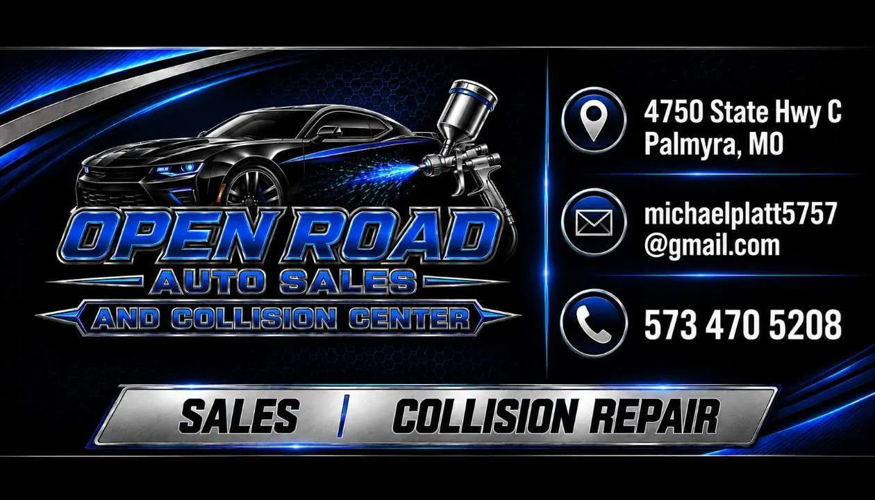 Open Road Auto Sales and Collision Center business card with address, email, phone number, sales, and collision repair details
