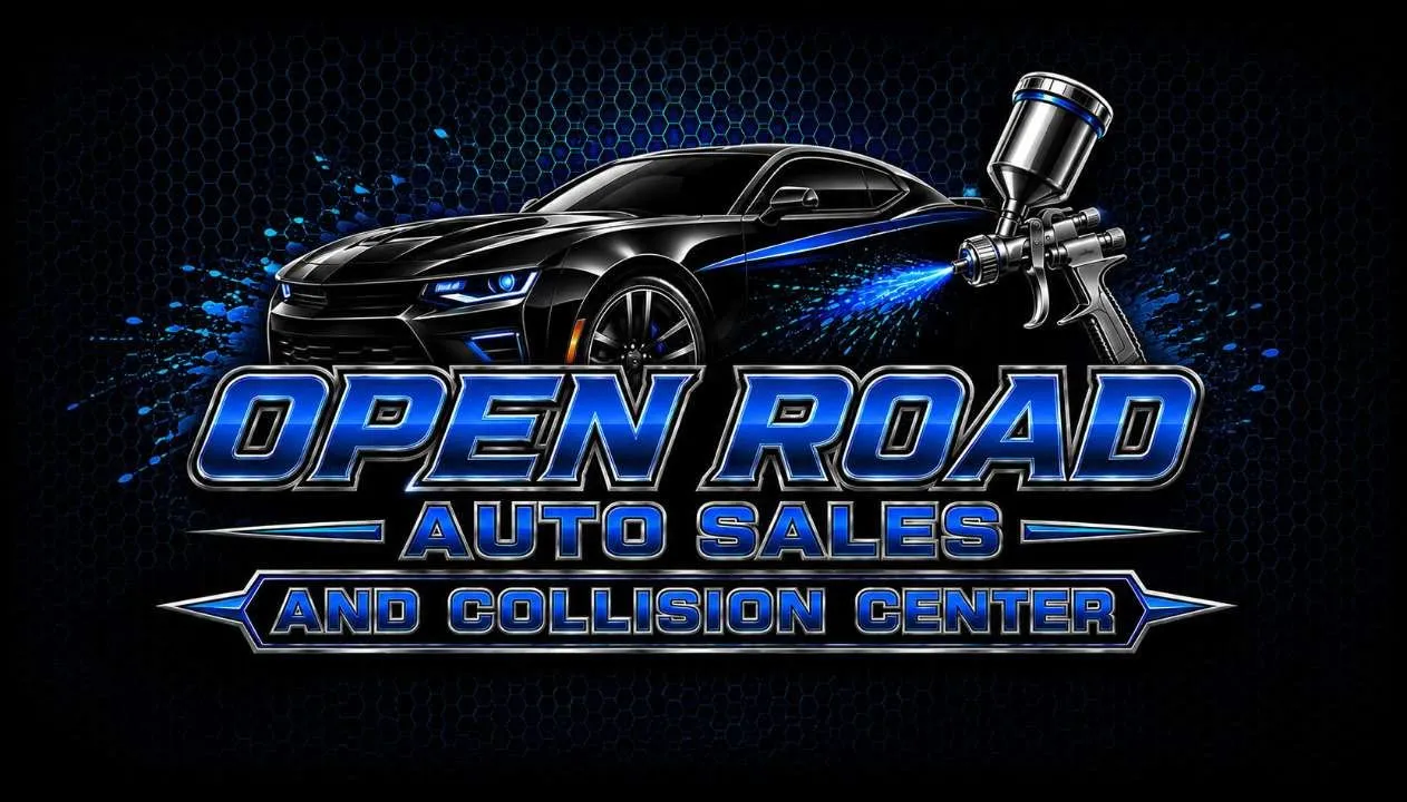 Open Road Auto Sales and Collision Center logo featuring a black performance car and chrome blue lettering